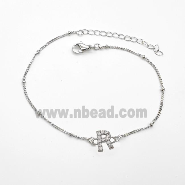 Copper Bracelet With Letter-R Pave Zirconia Platinum Plated