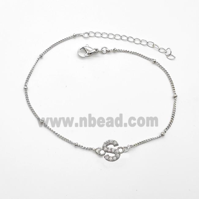 Copper Bracelet With Letter-S Pave Zirconia Platinum Plated