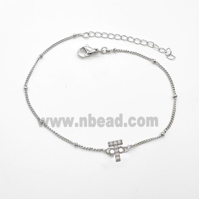 Copper Bracelet With Letter-T Pave Zirconia Platinum Plated