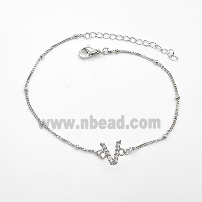 Copper Bracelet With Letter-V Pave Zirconia Platinum Plated