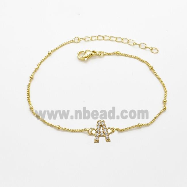 Copper Bracelet With Letter-A Pave Zirconia Gold Plated