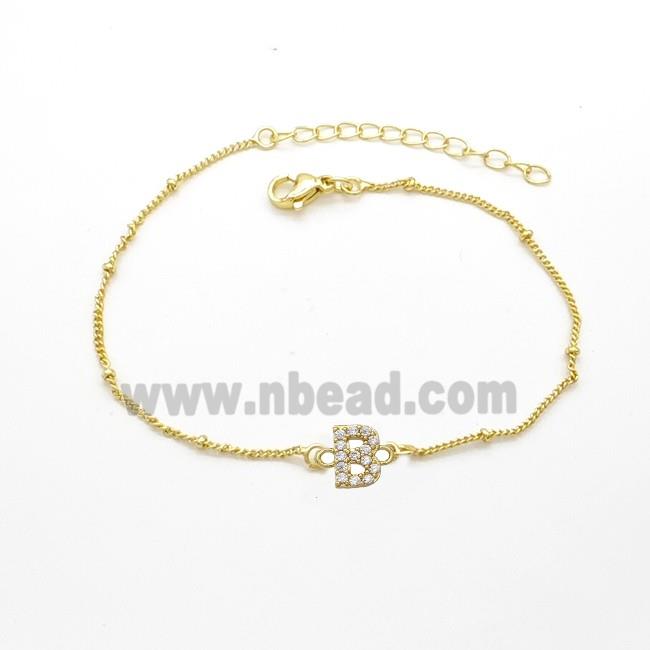 Copper Bracelet With Letter-B Pave Zirconia Gold Plated