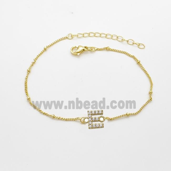 Copper Bracelet With Letter-E Pave Zirconia Gold Plated