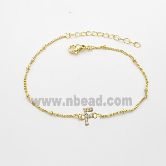 Copper Bracelet With Letter-F Pave Zirconia Gold Plated
