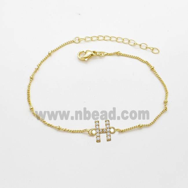 Copper Bracelet With Letter-H Pave Zirconia Gold Plated