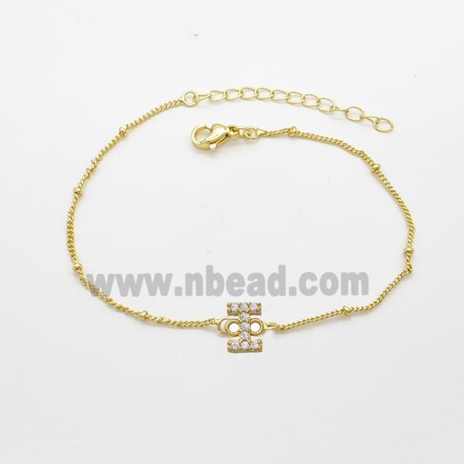 Copper Bracelet With Letter-I Pave Zirconia Gold Plated