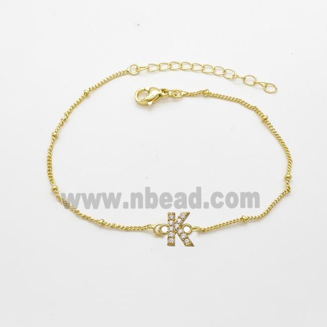 Copper Bracelet With Letter-K Pave Zirconia Gold Plated