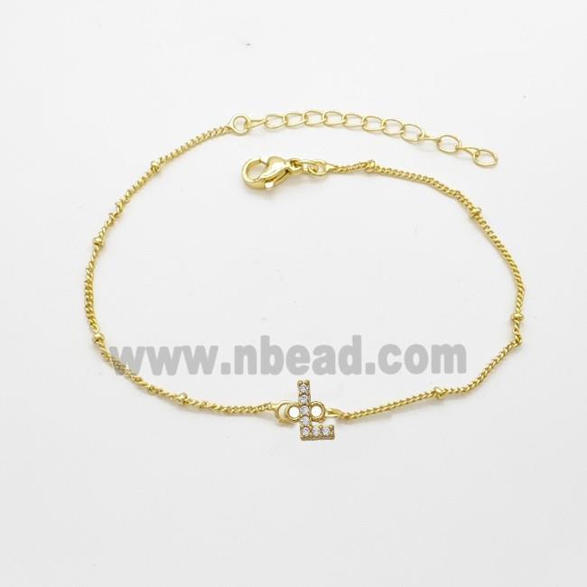 Copper Bracelet With Letter-L Pave Zirconia Gold Plated
