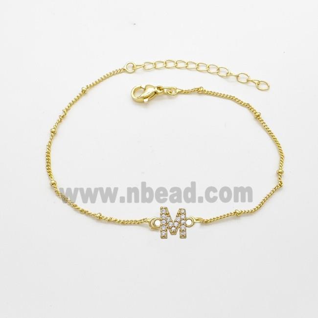 Copper Bracelet With Letter-M Pave Zirconia Gold Plated