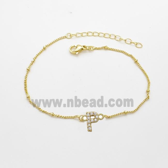 Copper Bracelet With Letter-P Pave Zirconia Gold Plated