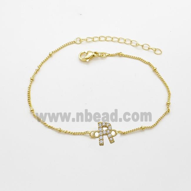 Copper Bracelet With Letter-R Pave Zirconia Gold Plated