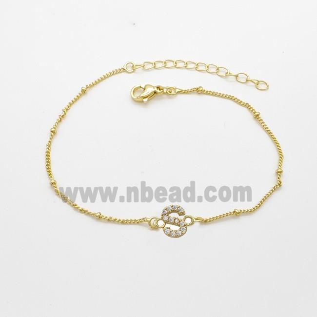 Copper Bracelet With Letter-S Pave Zirconia Gold Plated
