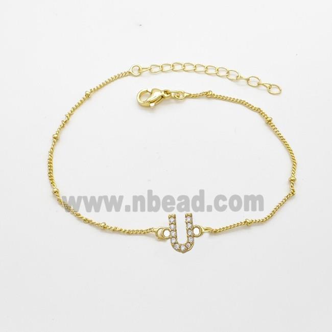 Copper Bracelet With Letter-U Pave Zirconia Gold Plated