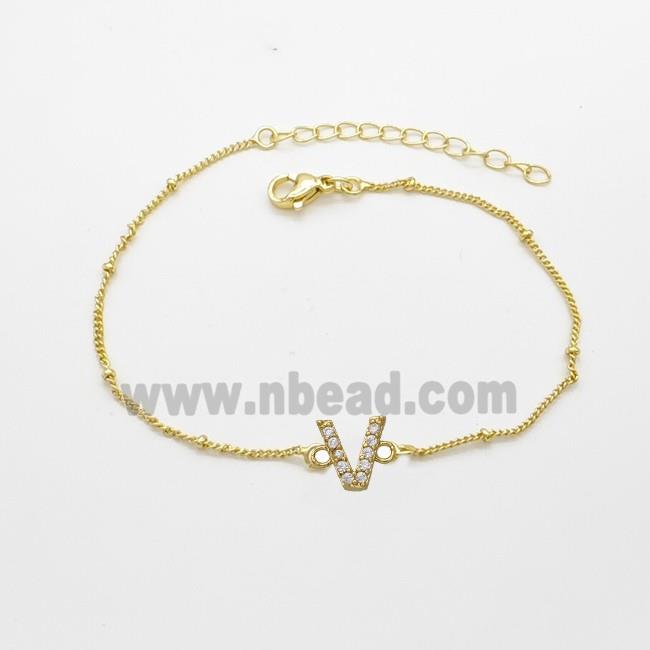 Copper Bracelet With Letter-V Pave Zirconia Gold Plated