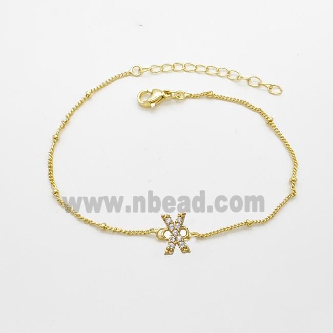 Copper Bracelet With Letter-X Pave Zirconia Gold Plated