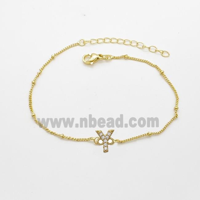Copper Bracelet With Letter-Y Pave Zirconia Gold Plated