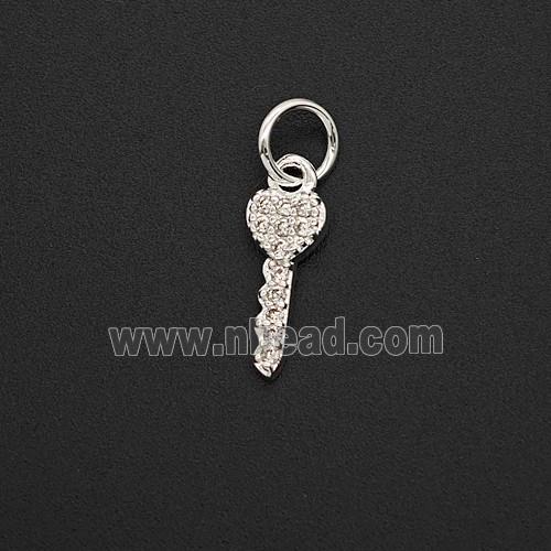 Copper Key Pendant Pave Zirconia Shiny Silver