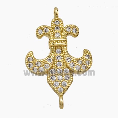 Copper Flower Connector Pave Zirconia Fleur De Lis 18K Gold Plated
