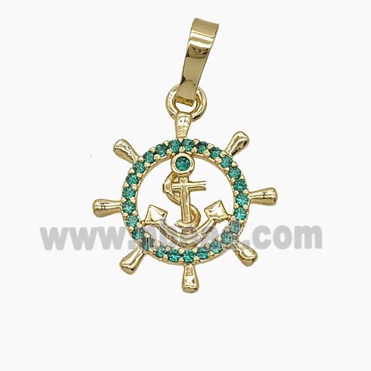 Copper Anchor And Shipwheel Pendant Pave Zirconia Gold Plated
