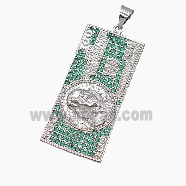 US Dollar Charms Copper Pendant Pave Green Zirconia Platinum Plated