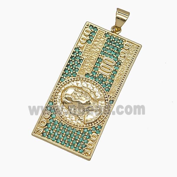 US Dollar Charms Copper Pendant Pave Green Zirconia Gold Plated