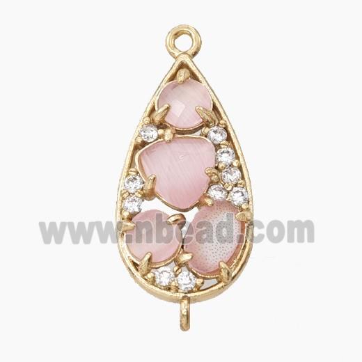 Copper Teardrop Connector Pave Pink Cateye Crystal Gold Plated