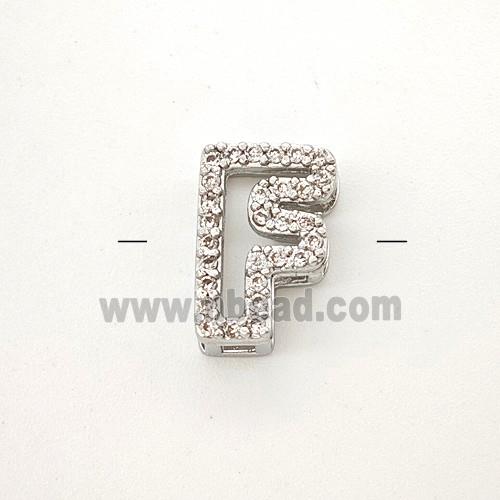 Copper Letter-F Beads Pave Zirconia Platinum Plated