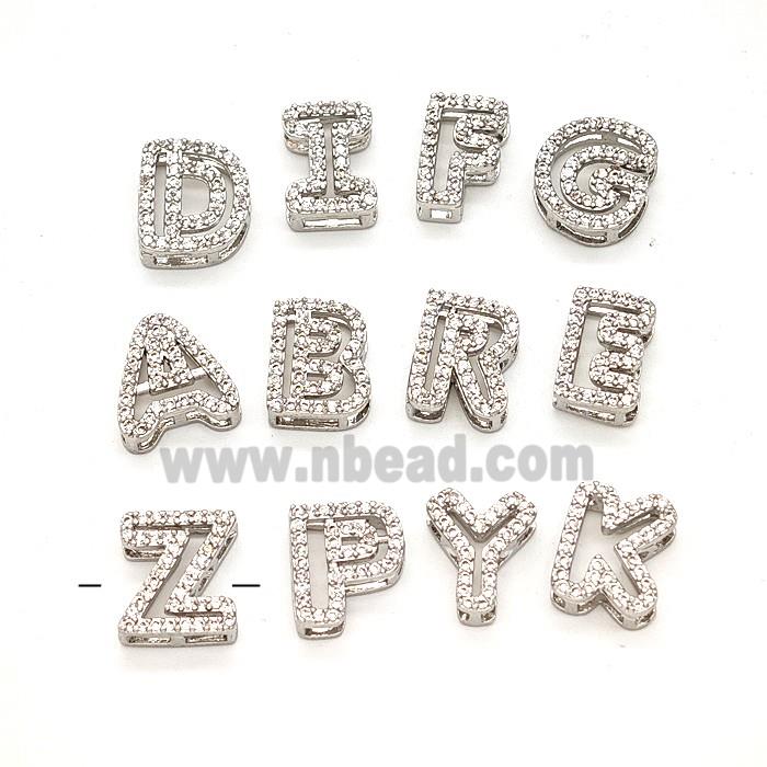 Copper Alphabet Beads Pave Zirconia Platinum Plated Mix Letters