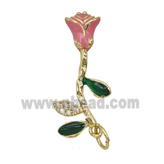 Copper Rose Flower Pendant Pave Zirconia Pink Enamel Gold Plated
