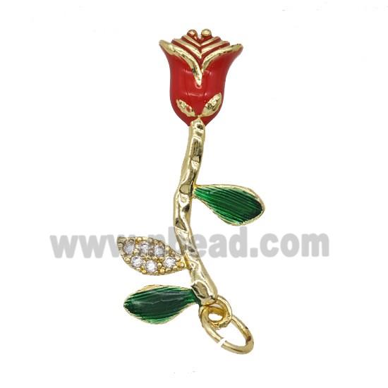 Copper Rose Flower Pendant Pave Zirconia Red Enamel Gold Plated
