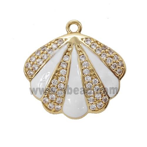 Copper Scallop Shell Pendant Pave Zirconia White Enamel Gold Plated