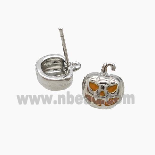 Halloween Pumpkin Copper Stud Earrings Enamel Platinum Plated