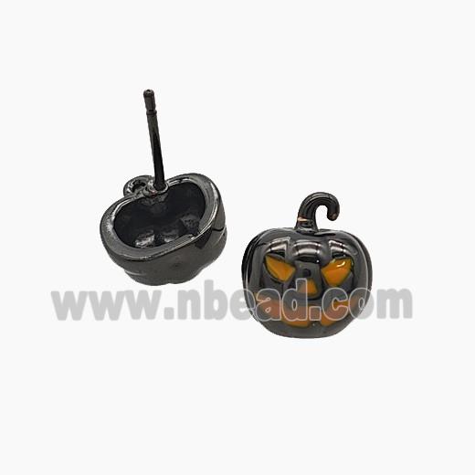 Halloween Pumpkin Copper Stud Earrings Enamel Black Plated