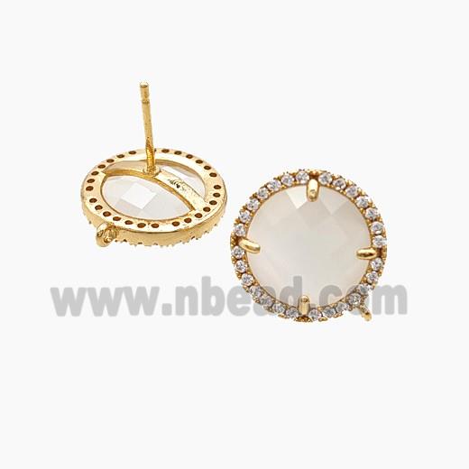Copper Circle Stud Earrings Pave Zirconia Jadeite Glass Gold Plated