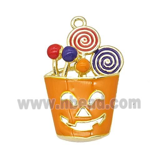 Halloween Monster Bucket Charms Copper Pendant Lollipop Orange Enamel Gold Plated