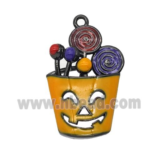 Halloween Monster Bucket Charms Copper Pendant Lollipop Orange Enamel Black Plated