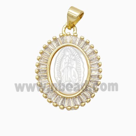 Copper Oval Pendant Pave Zirconia Shell Virgin Mary 18K Gold Plated