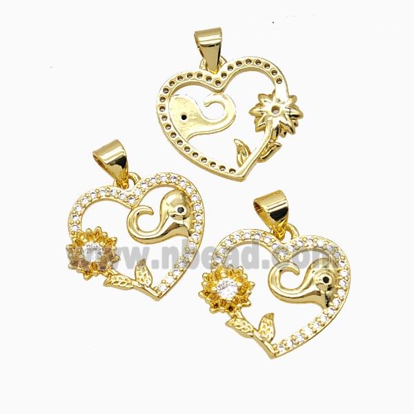 Copper Heart Pendant Pave Zirconia Elephant Flower 18K Gold Plated