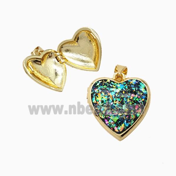 Copper Heart Locket Pendant Pave Fireopal 18K Gold Plated