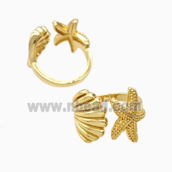 Copper Starfish And Scallop Shell Rings 18K Gold Plated