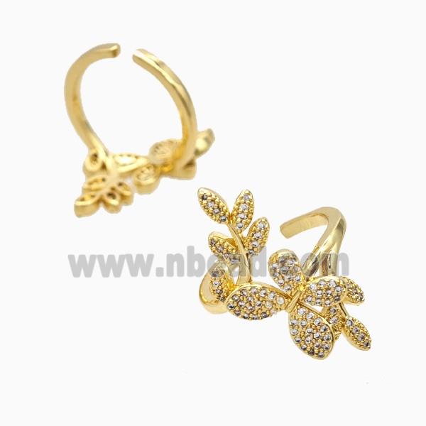 Copper Butterfly Leaf Rings Pave Zirconia 18K Gold Plated