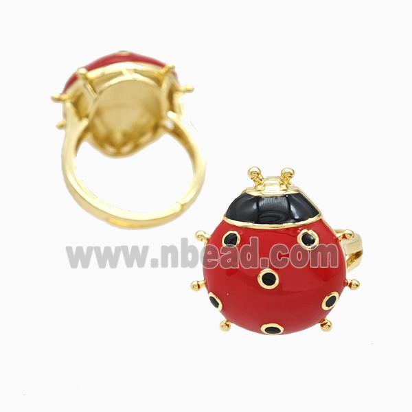 Copper Ladybug Rings Red Enamel Adjustable 18K Gold Plated