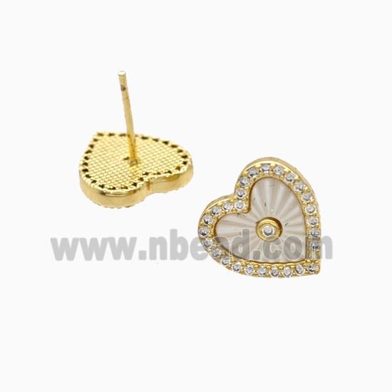 Copper Heart Stud Earrings Pave Zirconia Shell 18K Gold Plated