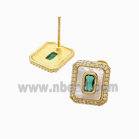 Copper Rectangle Stud Earrings Pave Zirconia Shell 18K Gold Plated