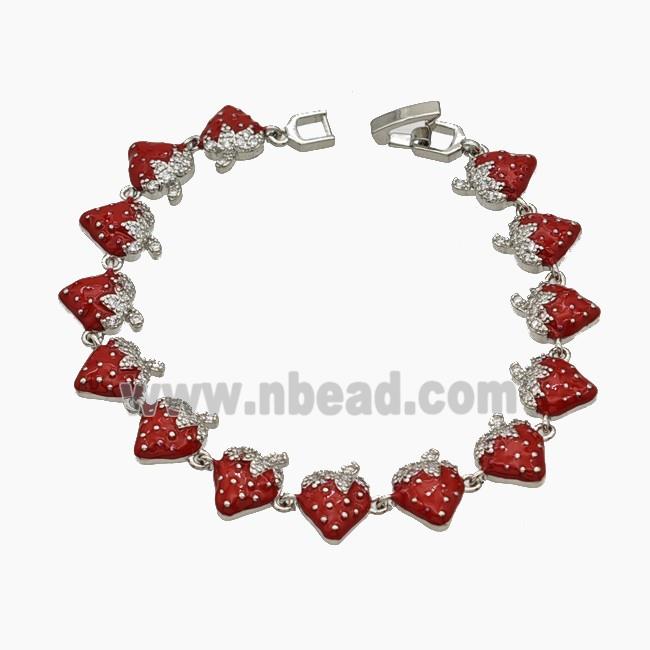 Copper Strawberry Bracelet Pave Zirconia Red Enamel Platinum Plated