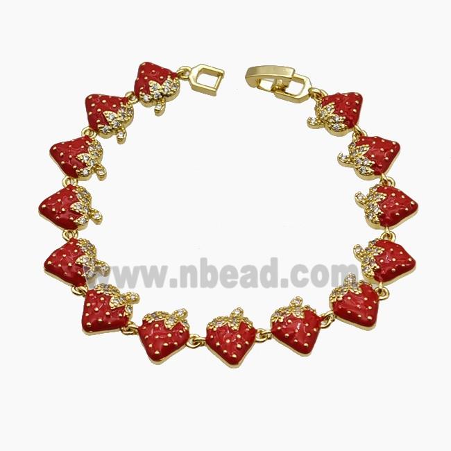 Copper Strawberry Bracelet Pave Zirconia Red Enamel Gold Plated