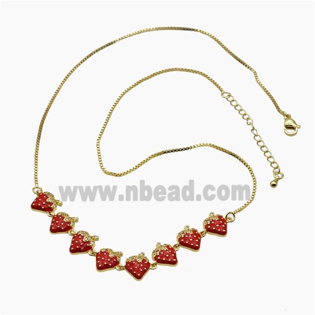Copper Strawberry Necklace Pave Zirconia Red Enamel Gold Plated