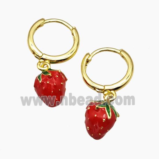 Copper Strawberry Hoop Earrings Red Enamel Gold Plated