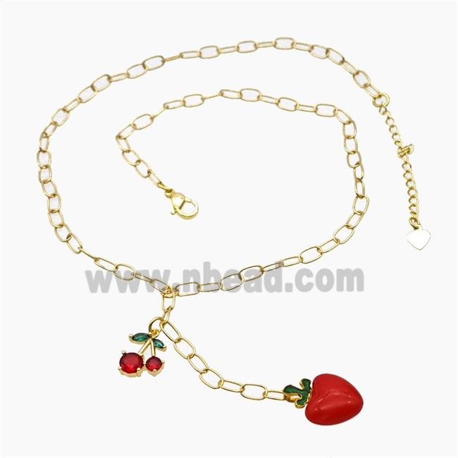 Copper Cherry Necklace Pave Zirconia Strawberry Red Pearlized Resin Gold Plated