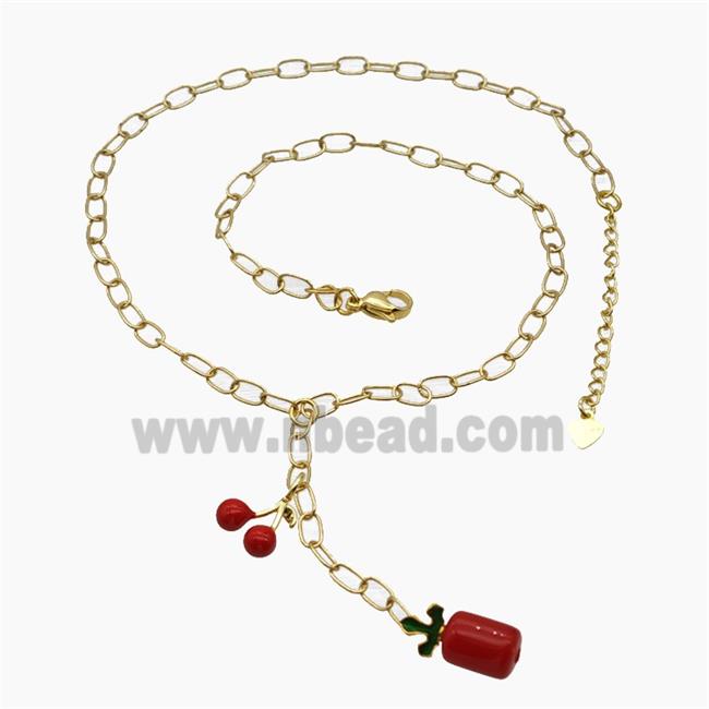 Copper Cherry Necklace Red Enamel Gold Plated